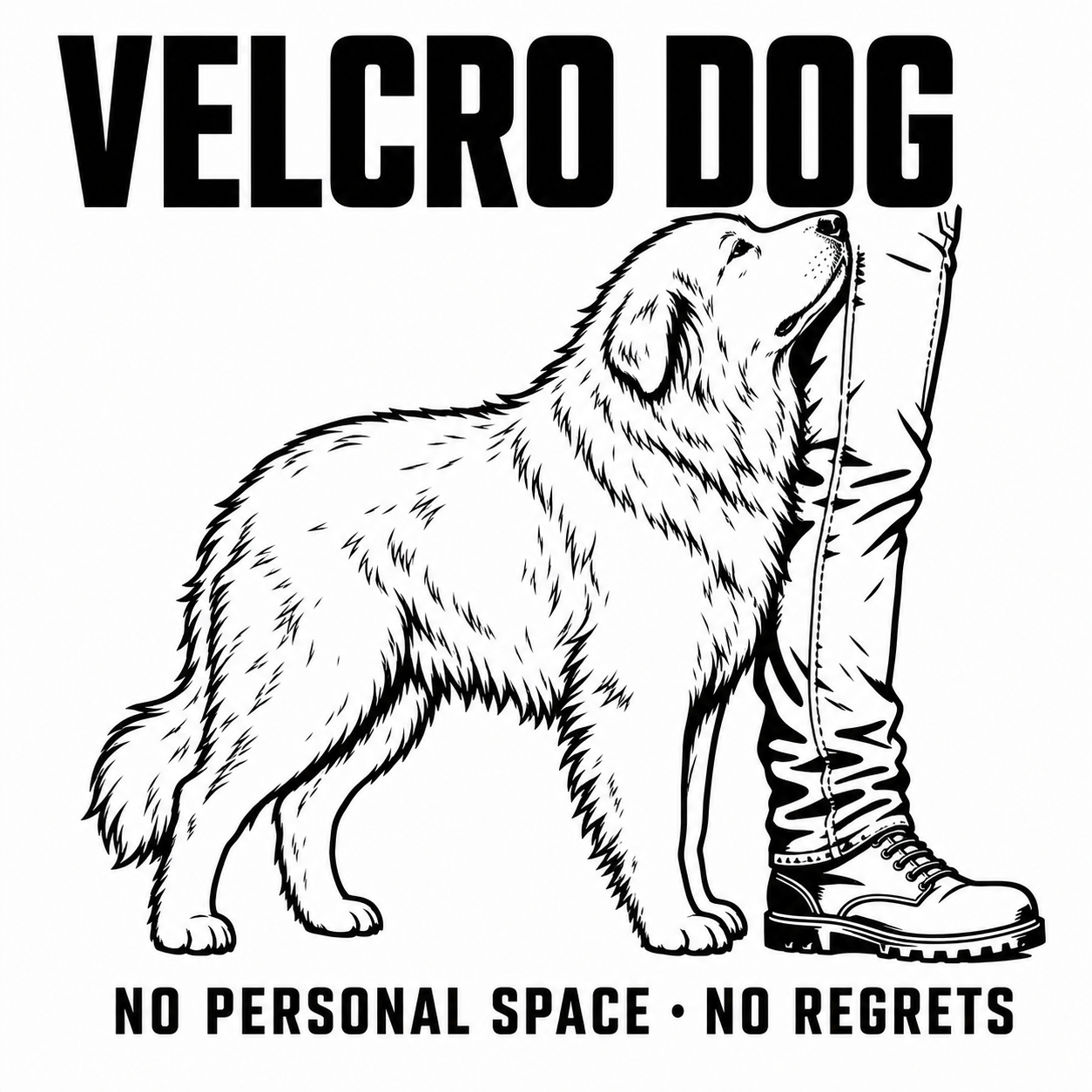 Velcro Dog — Great Pyrenees pressed against a human leg, with the words No Personal Space, No Regrets